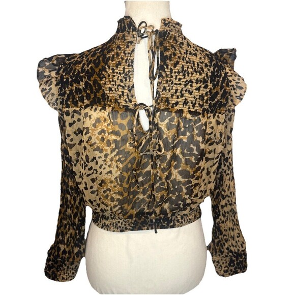 FREE PEOPLE Roma Leopard Print Ruffle Blouse Tie Back Blouse Top Size XS - Picture 4 of 11